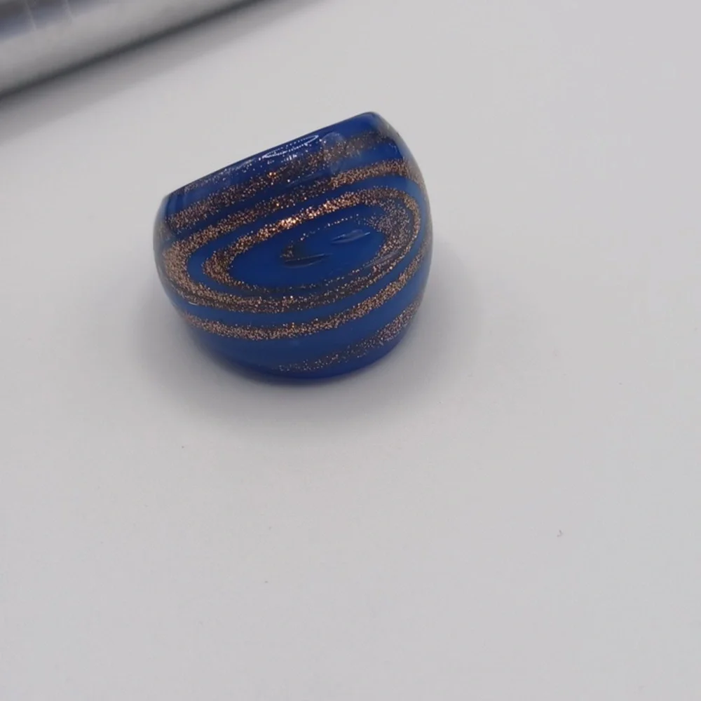 Blue and Copper Swirled Glass Art Ring Sz 7.5